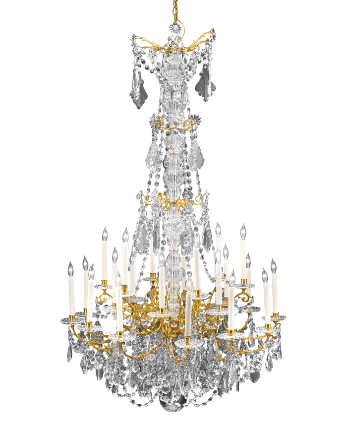Hundreds of crystal beads swag from twenty-four lustrous doré bronze branches