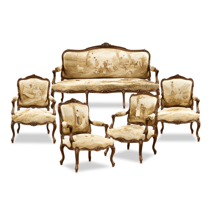 This exceptional parlor set displays beautifully preserved Aubusson tapestries