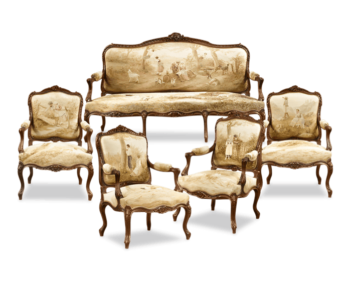 Exquisitely detailed pastoral scenes adorn each piece