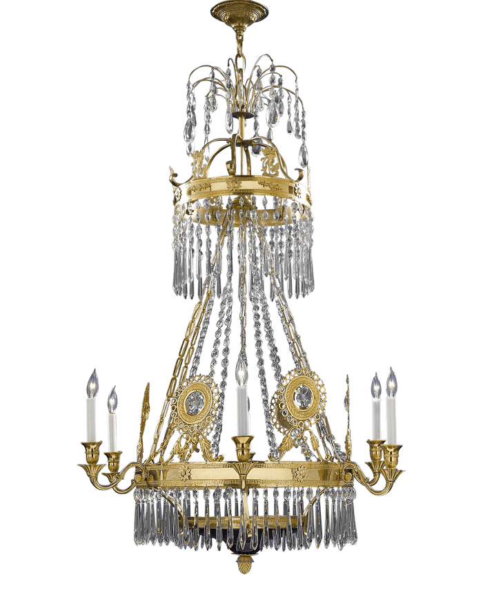 This six-light chandelier is an outstanding example of Russian glass and bronze work