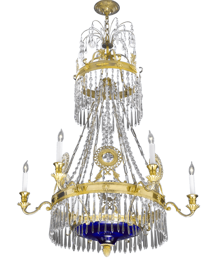 Accented with a central blue glass pendant, this chandelier radiates elegance
