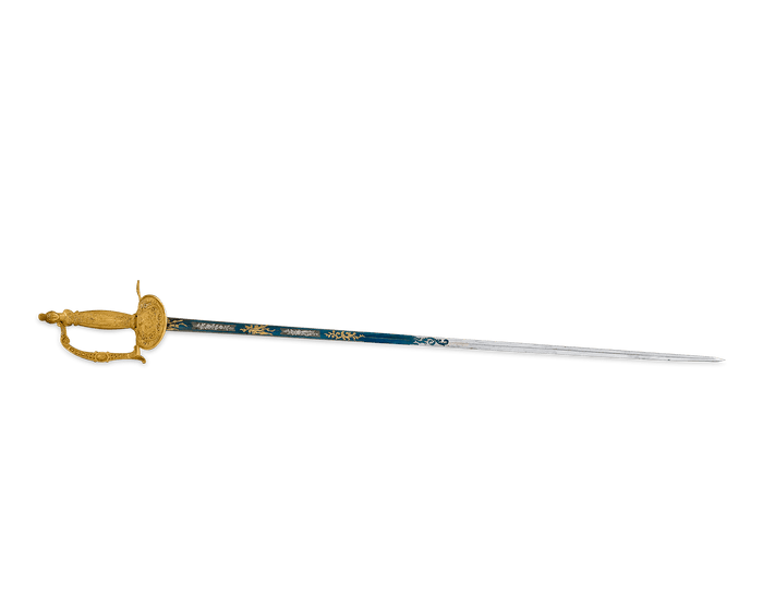 A sleek blued steel blade gives this ceremonial sword an air of elegance