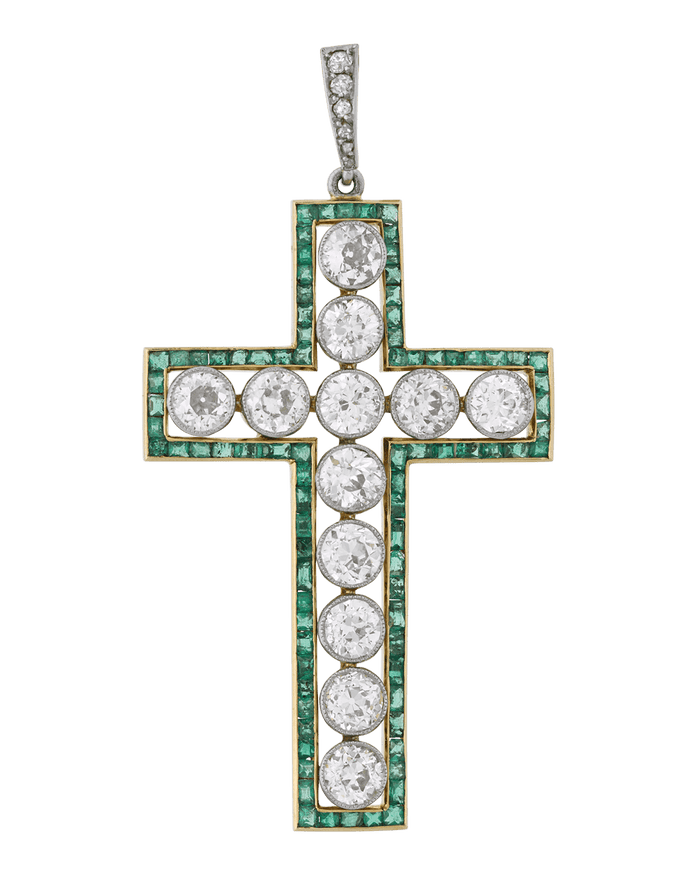Diamond and Emerald Cross Pendant, 3.00 Carats