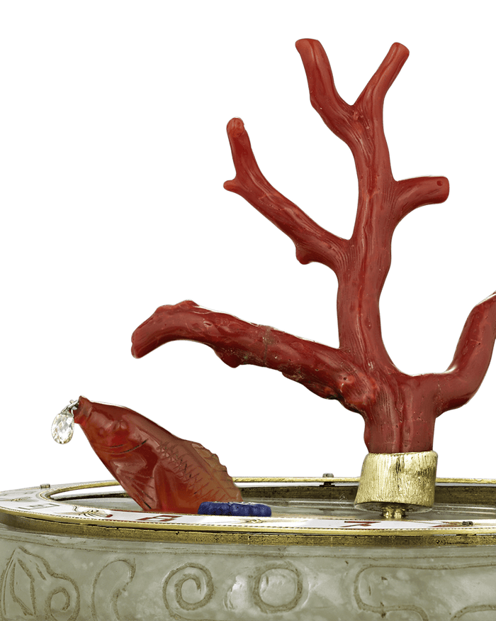 Coral and Jade Koi Fish Mystery Clock