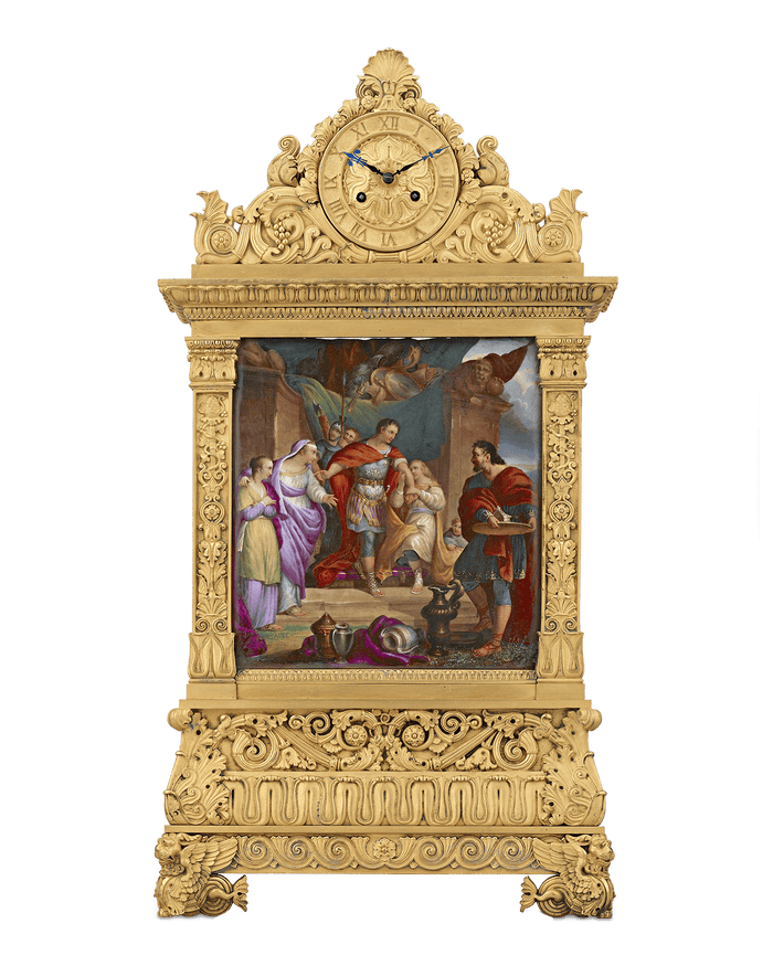 French Restoration Bronze and Porcelain Mantel Clock