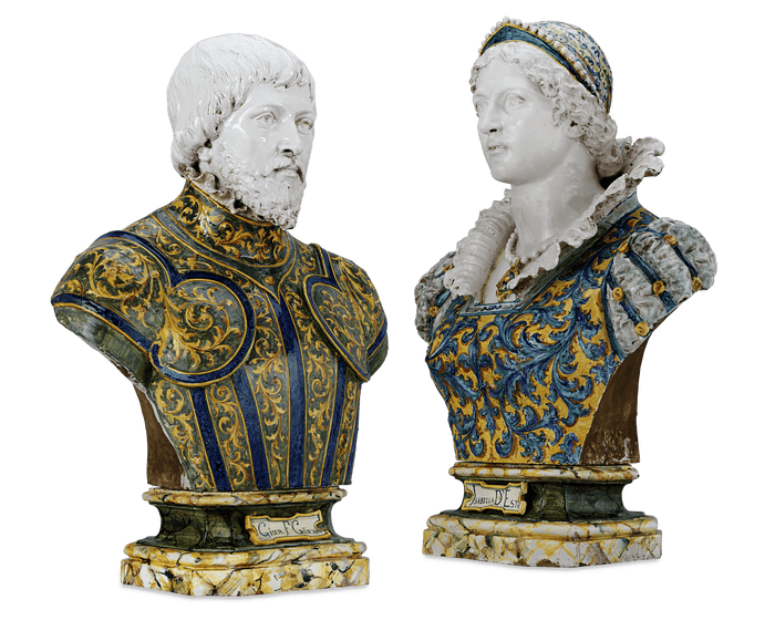 Isabella d'Este and Francesco II Gonzaga Majolica Busts by Angelo Minghetti