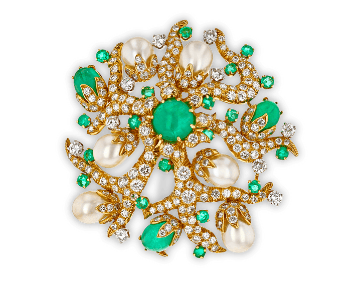 David Webb Emerald, Diamond and Pearl Brooch