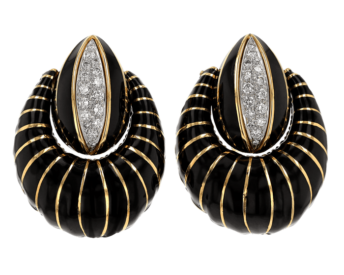 David Webb Black Enamel, Gold and Diamond Earrings