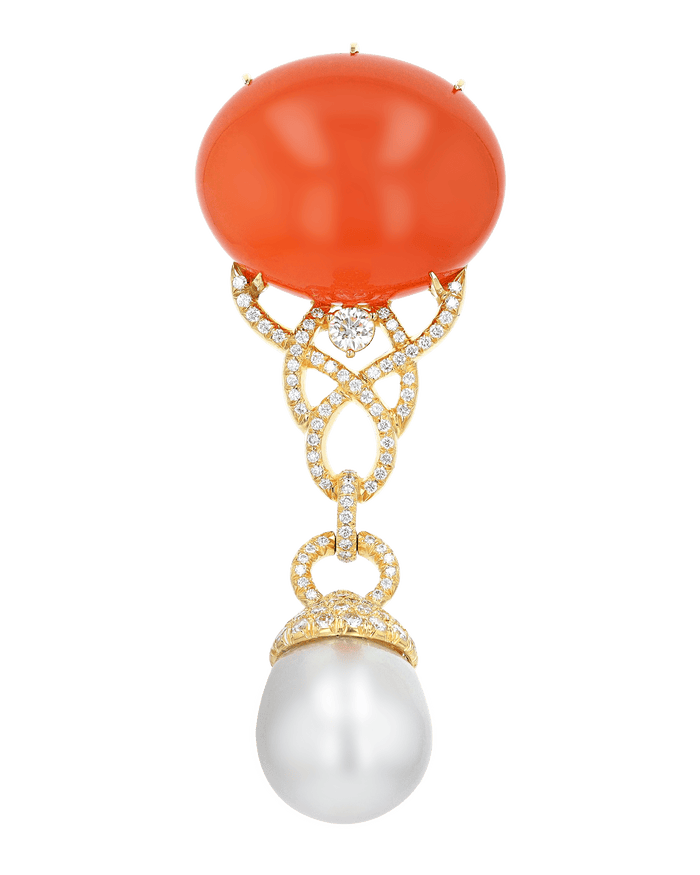 Henry Dunay Orange Moonstone and Diamond Brooch