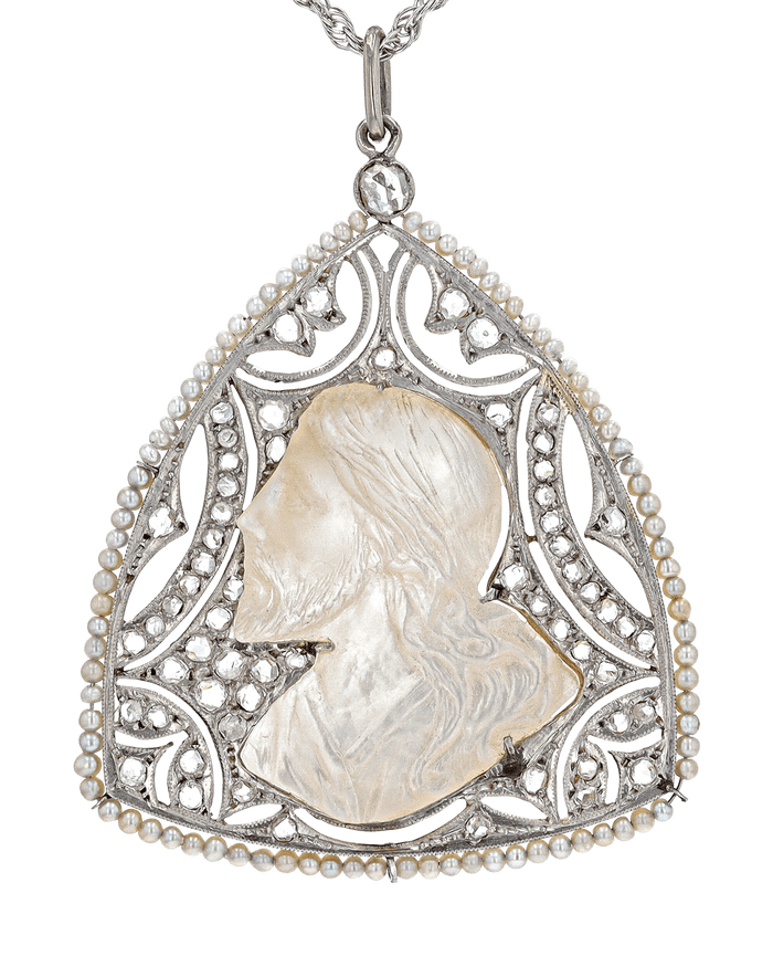 Edwardian Pearl, Diamond and Mother of Pearl Pendant Necklace
