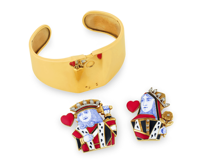 Cartier Playing Card Brooches and Gold Cuff