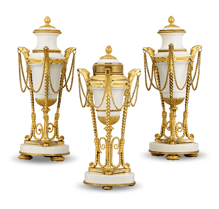 Louis XVI Style Gilt Marble Cassolettes and Clock