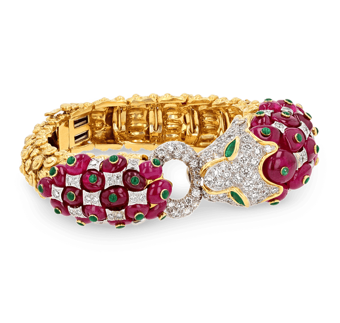 David Webb Ruby, Emerald and Diamond Lion Bracelet