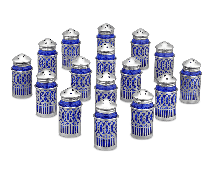 Set of 16 Silver Salt and Pepper Shakers with Cobalt Liners