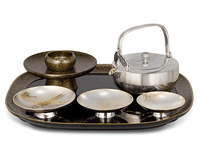 Silver and Lacquer Sake Set by Unno Shomin