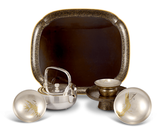 Silver and Lacquer Sake Set by Unno Shomin