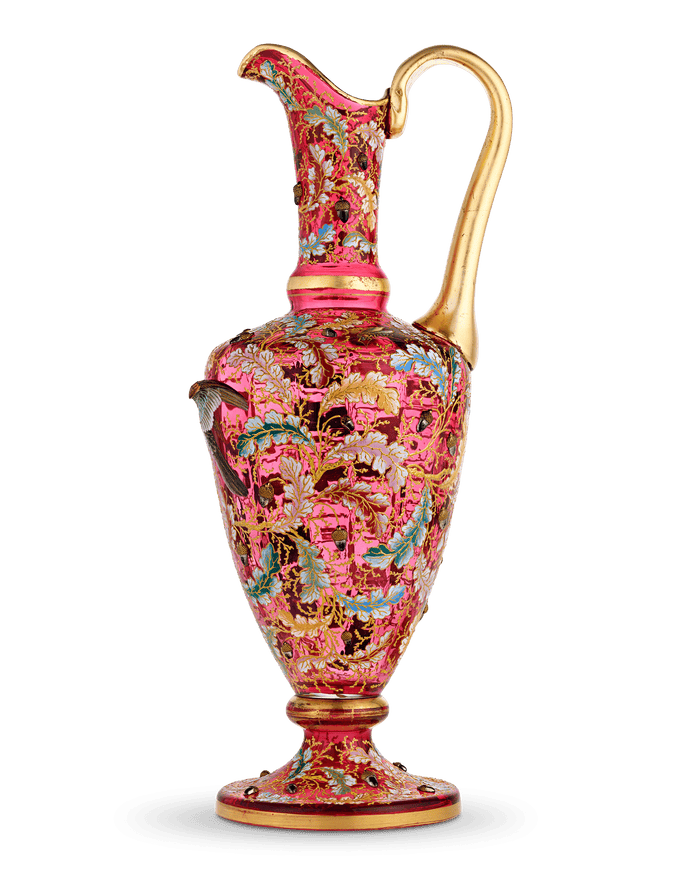 Moser Ruby Glass and Enamel Bird Ewer