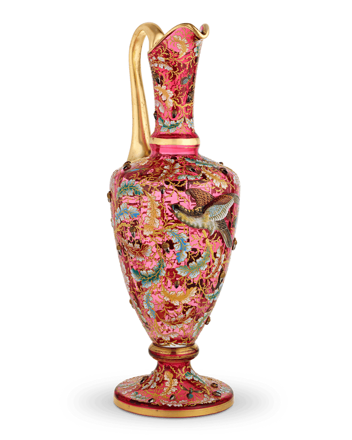 Moser Ruby Glass and Enamel Bird Ewer