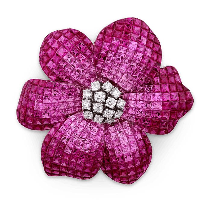 Pink Sapphire and Ruby Flower Brooch, 76.88 Carats
