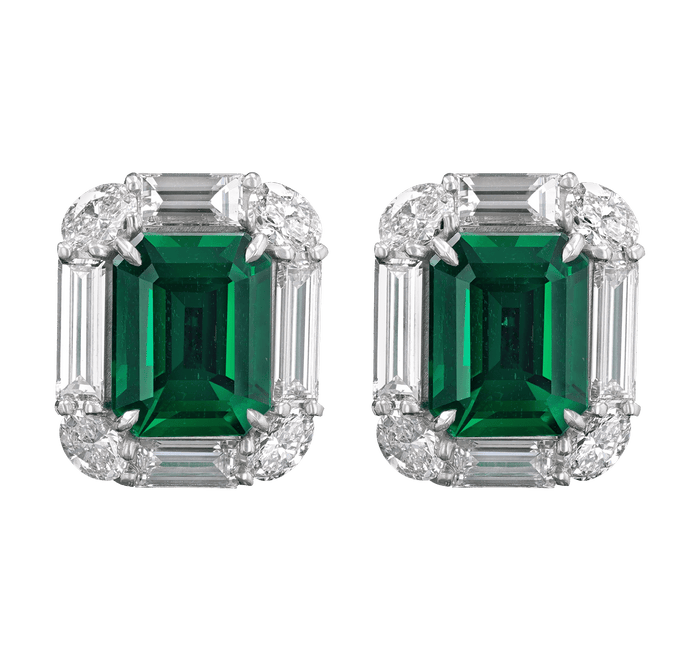 Zambian Emerald and Diamond Earrings, 5.52 Carats