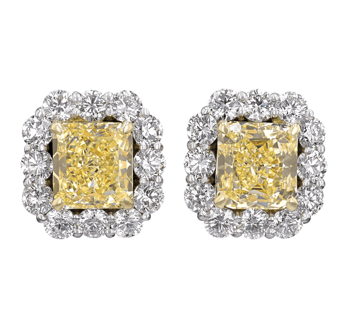 Natural Fancy Light Yellow Diamond Earrings, 6.98 Carats