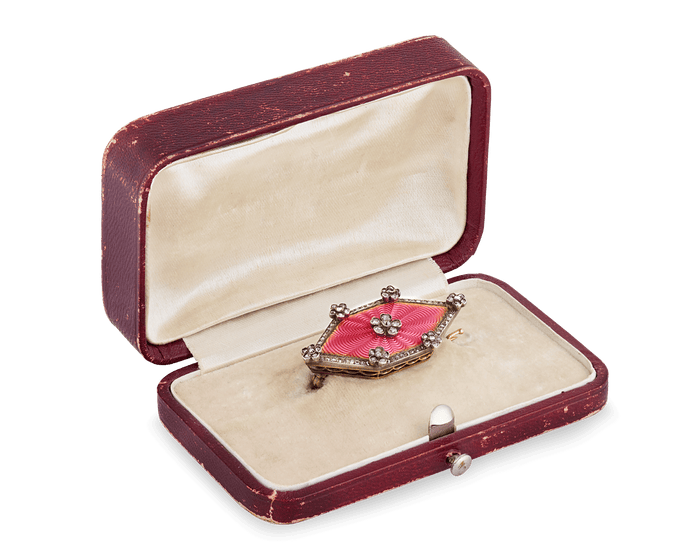 Fabergé Pink Enamel and Diamond Brooch