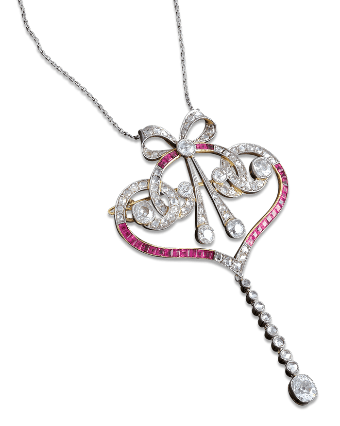 The elegance and refinement of the Edwardian period resonates in this diamond and ruby drop pendant