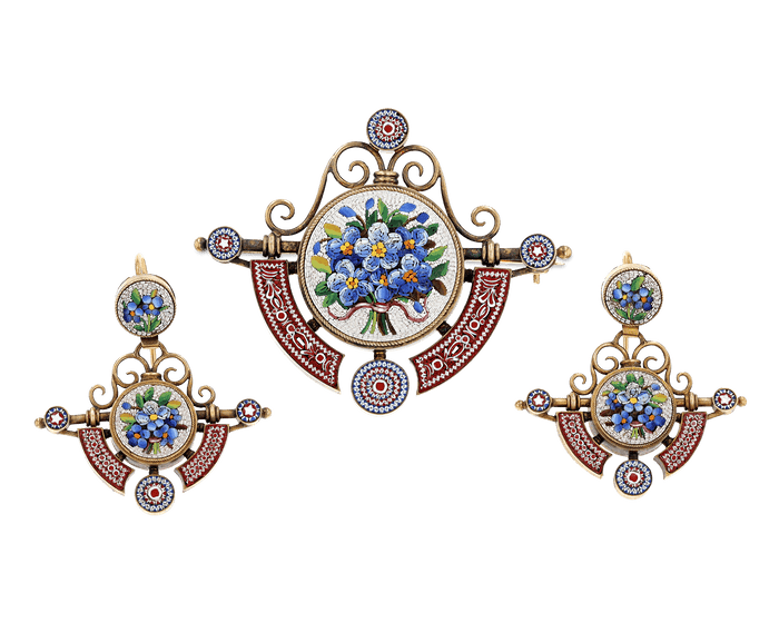 Micromosaic Brooch and Earring Jewelry Suite